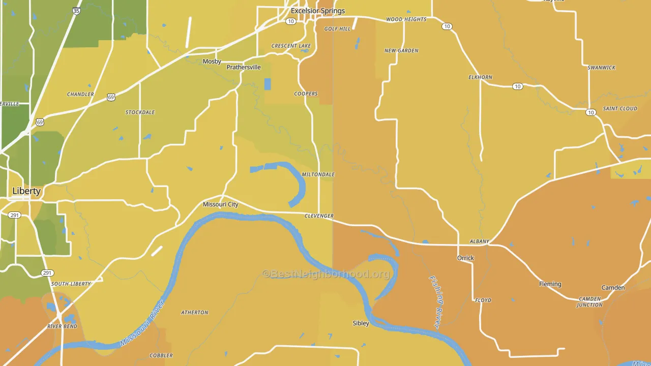 Map of the best neighborhoods in the Mosby area, with better matches in green and worse matches in red