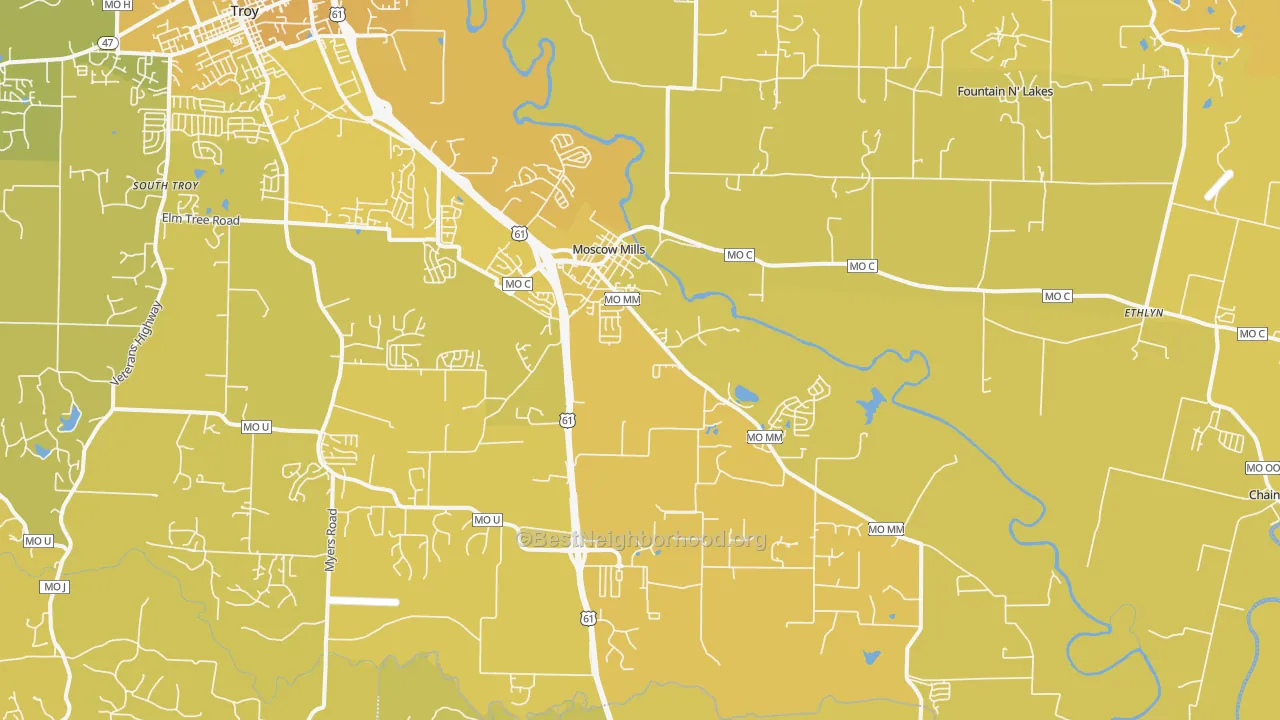 Map of the best neighborhoods in the Moscow Mills area, with better matches in green and worse matches in red