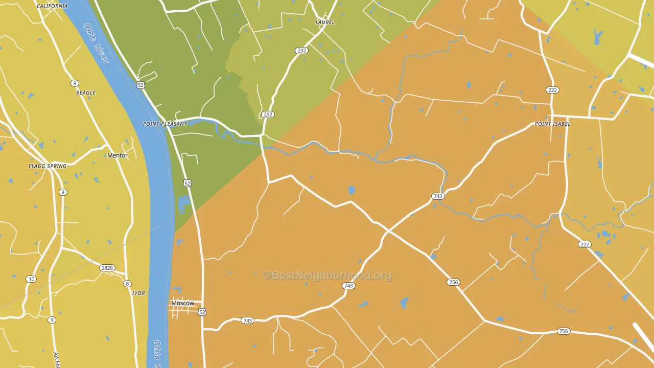 Map of the best neighborhoods in the Moscow area, with better matches in green and worse matches in red