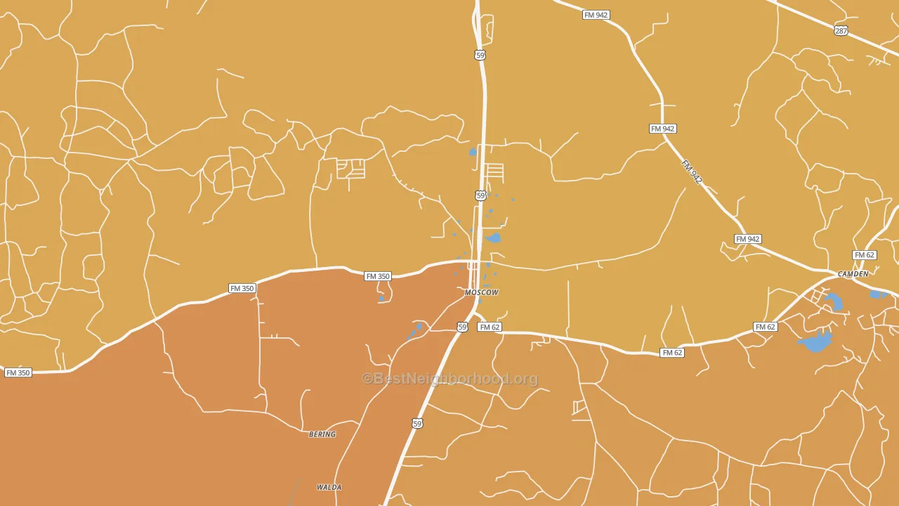 Map of the best neighborhoods in the Moscow area, with better matches in green and worse matches in red