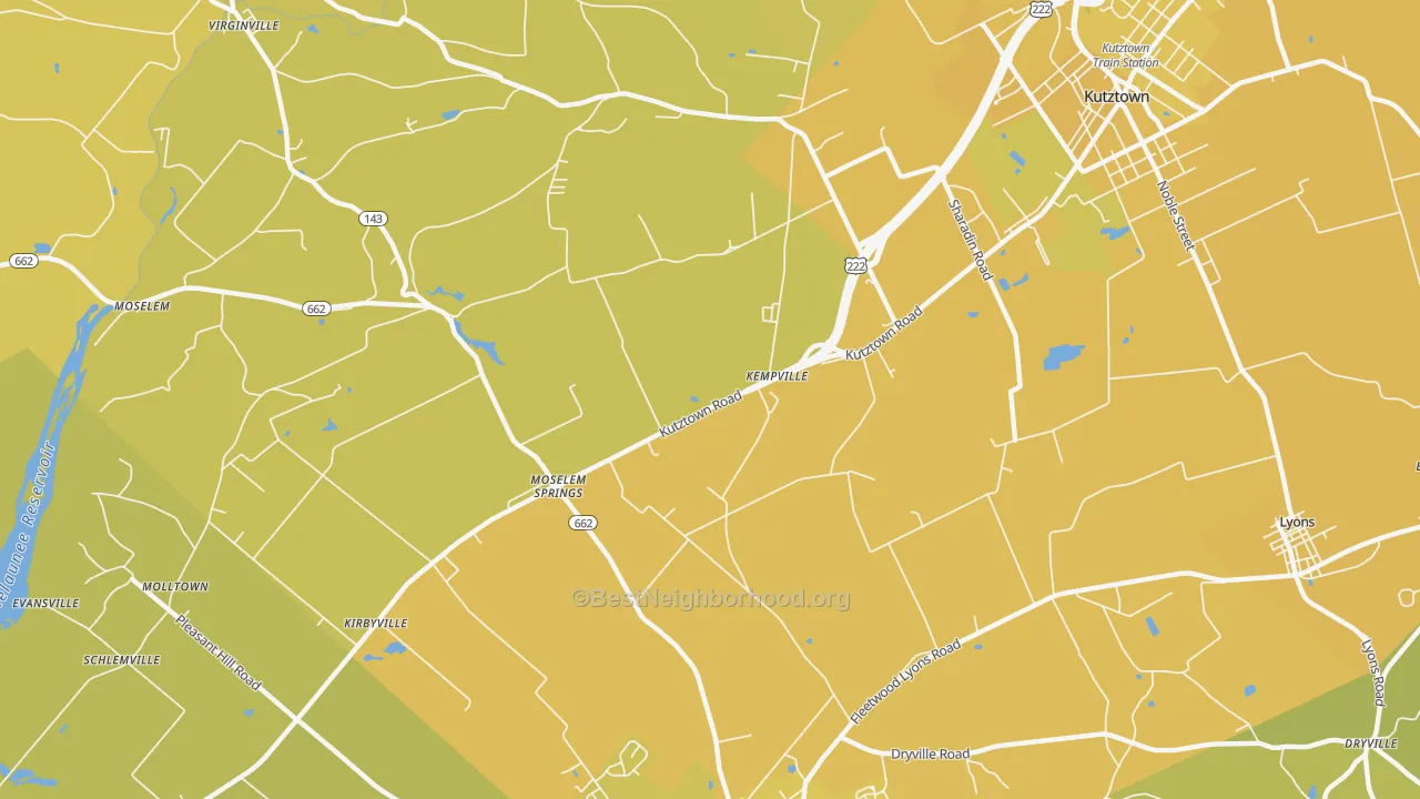 Map of the best neighborhoods in the Moselem Springs area, with better matches in green and worse matches in red