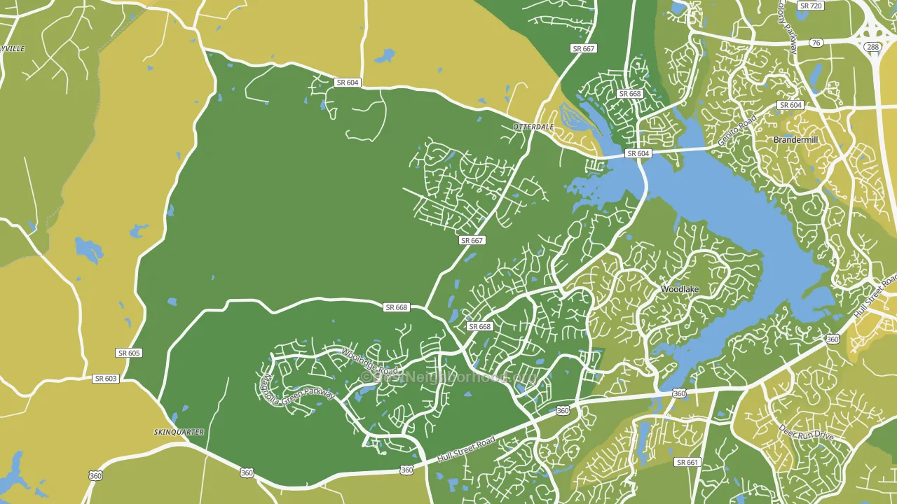 Map of the best neighborhoods in the Moseley area, with better matches in green and worse matches in red