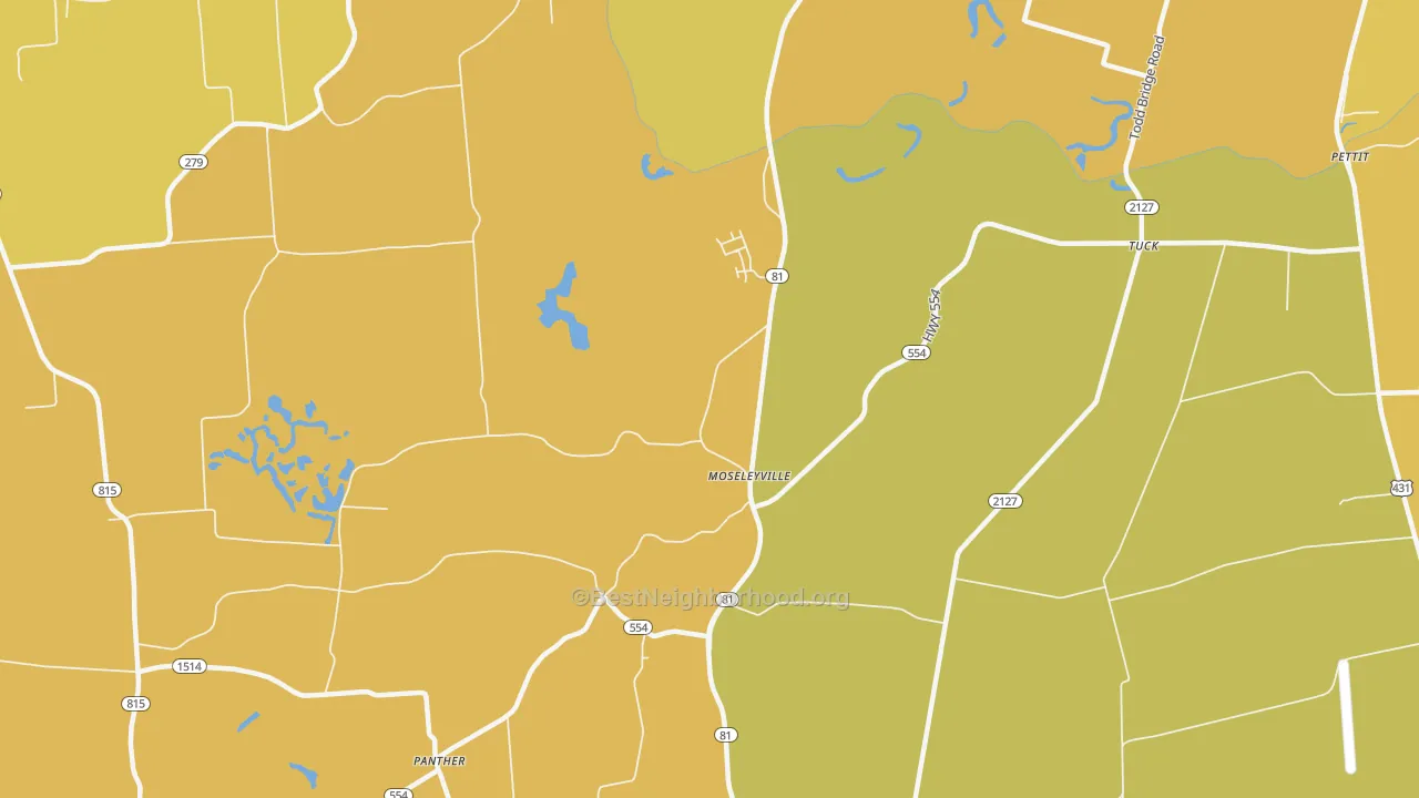 Map of the best neighborhoods in the Moseleyville area, with better matches in green and worse matches in red