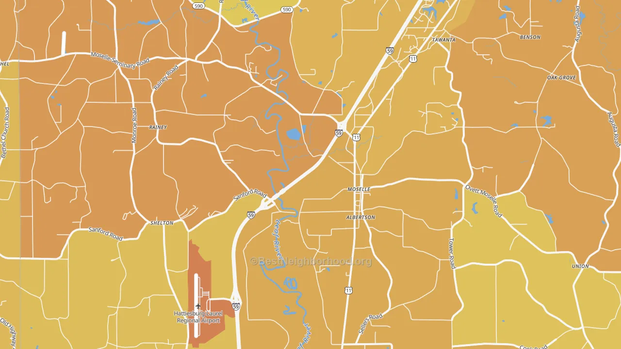 Map of the best neighborhoods in the Moselle area, with better matches in green and worse matches in red