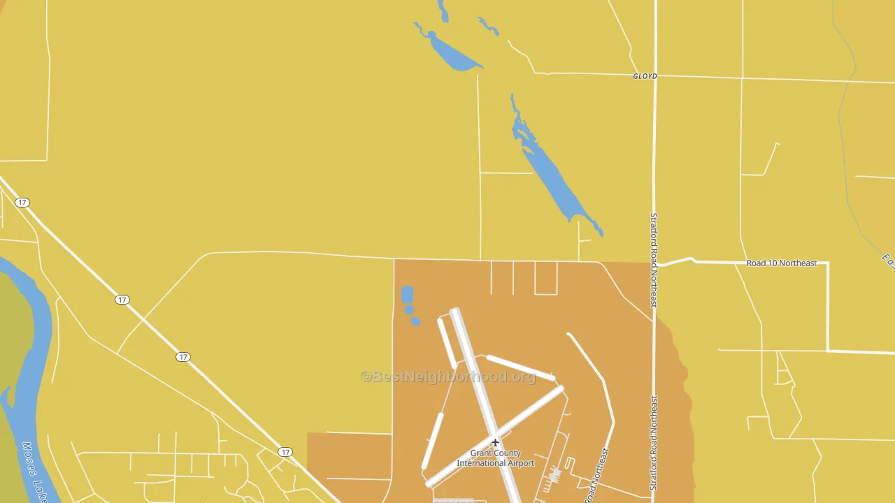 Map of the best neighborhoods in the Moses Lake North area, with better matches in green and worse matches in red