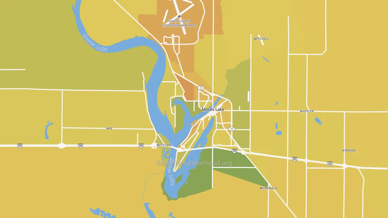 Map of the best neighborhoods in the Moses Lake area, with better matches in green and worse matches in red