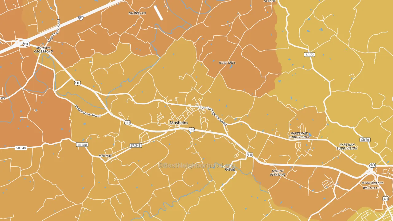 Map of the best neighborhoods in the Mosheim area, with better matches in green and worse matches in red
