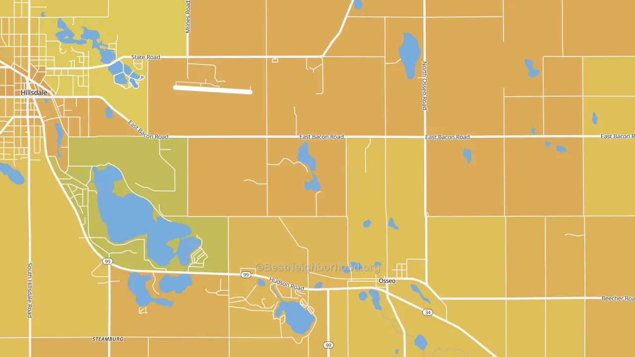 Map of the best neighborhoods in the Mosherville area, with better matches in green and worse matches in red