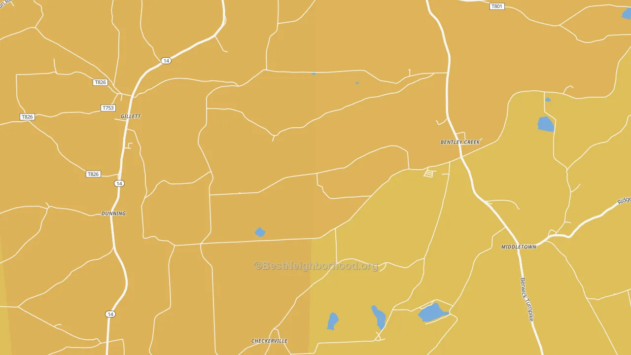 Map of the best neighborhoods in the Mosherville area, with better matches in green and worse matches in red