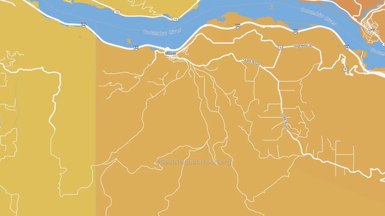 Map of the best neighborhoods in the Mosier area, with better matches in green and worse matches in red