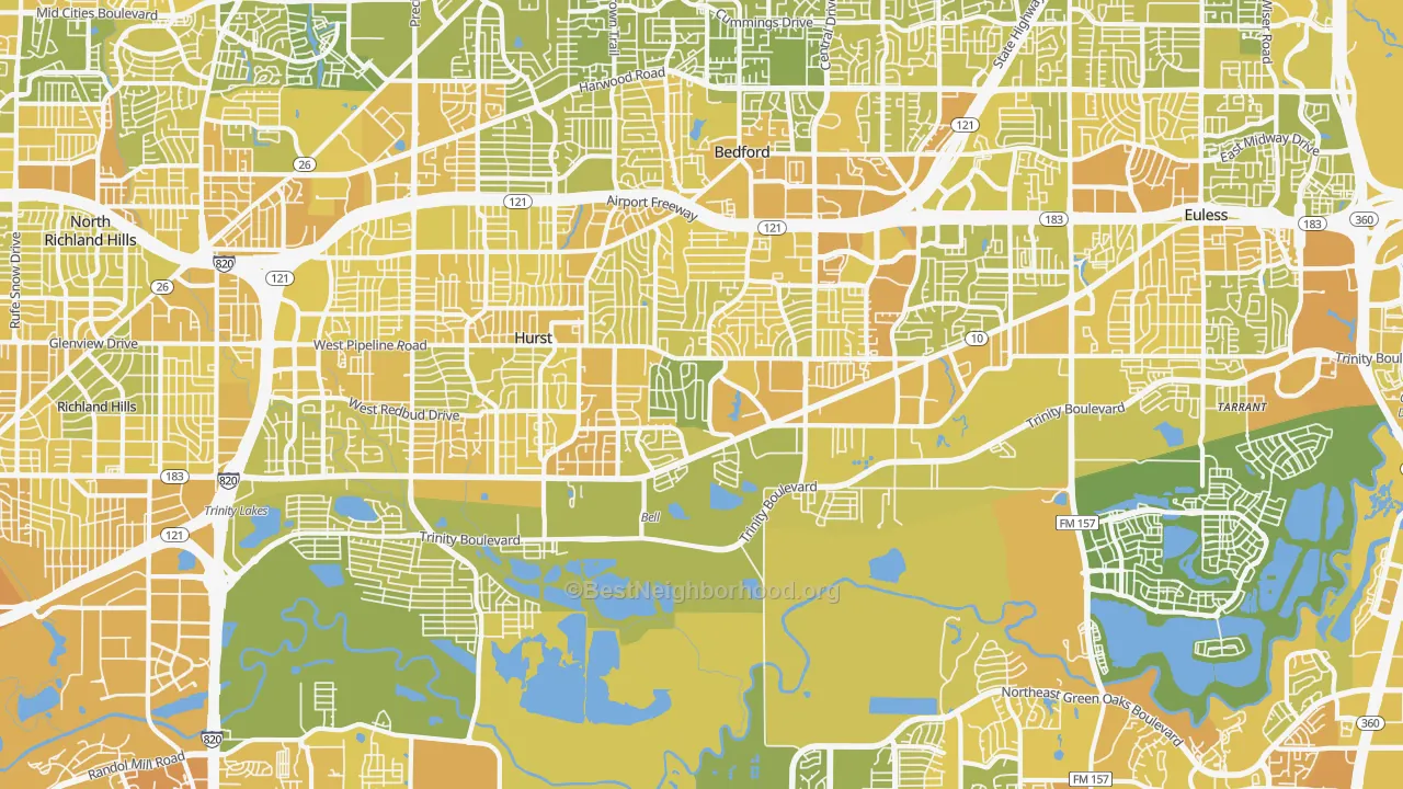 Map of the best neighborhoods in the Mosier Valley, Euless area, with better matches in green and worse matches in red