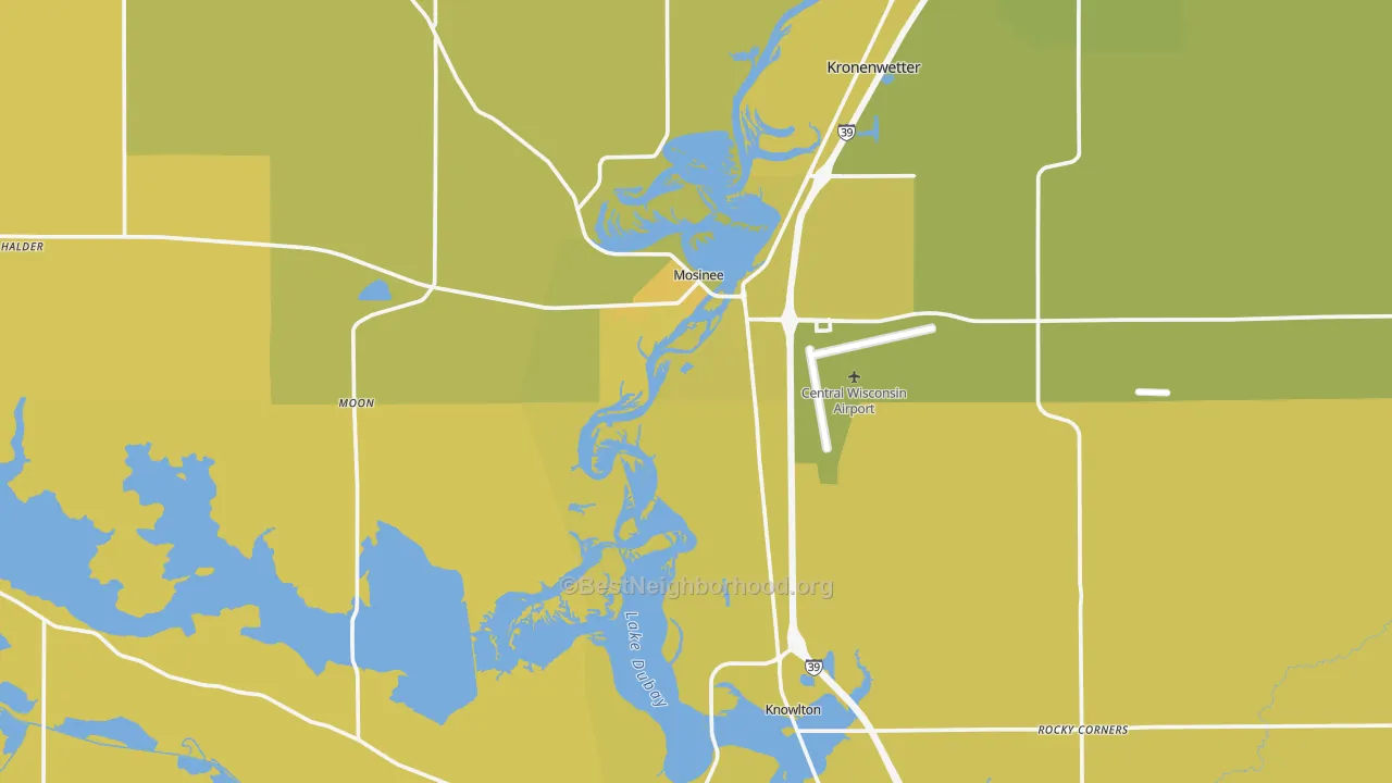 Map of the best neighborhoods in the Mosinee area, with better matches in green and worse matches in red
