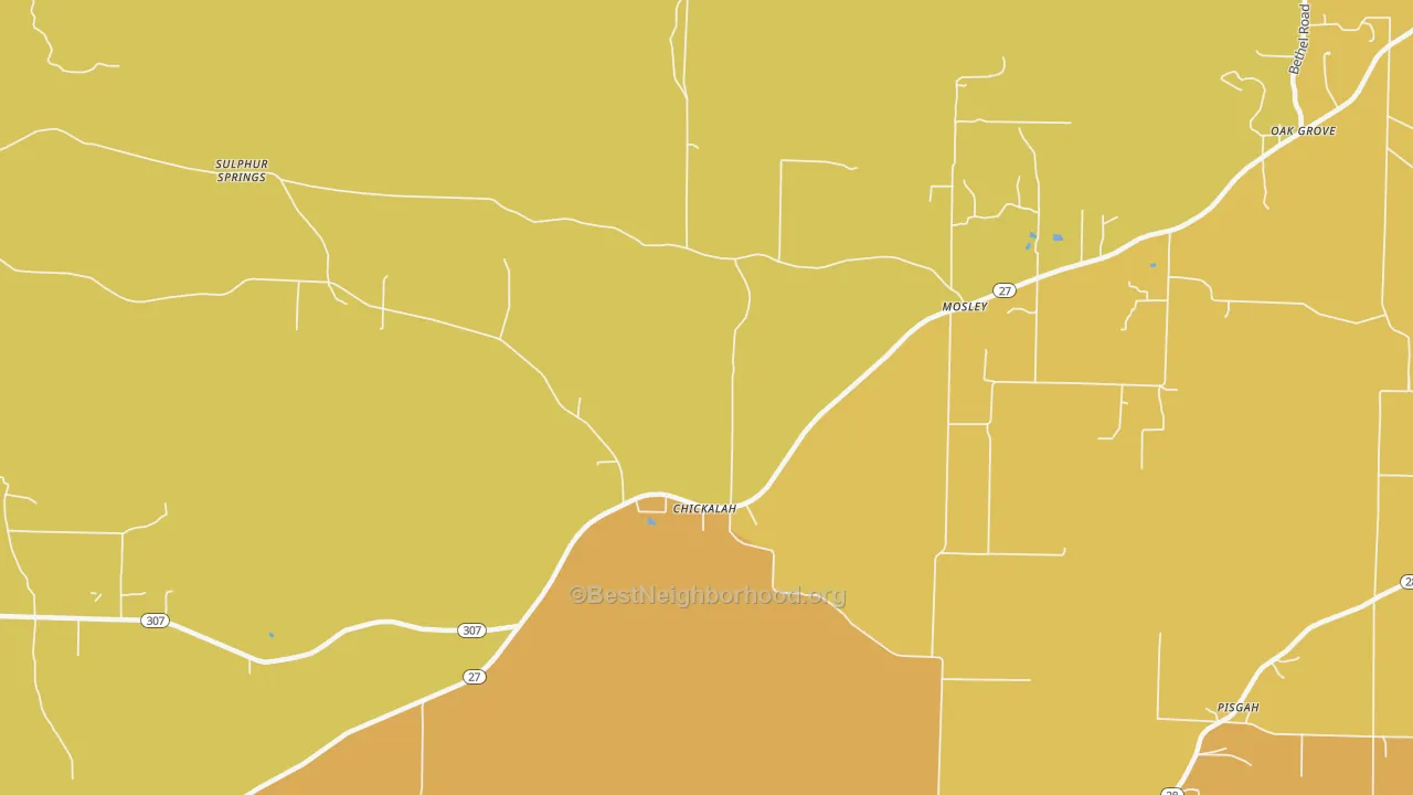 Map of the best neighborhoods in the Mosley area, with better matches in green and worse matches in red