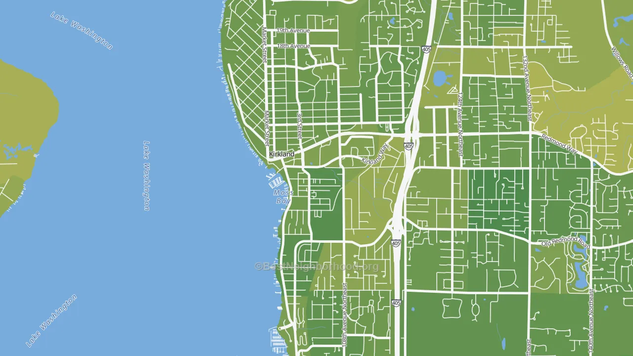 Map of the best neighborhoods in the Moss Bay, Kirkland area, with better matches in green and worse matches in red