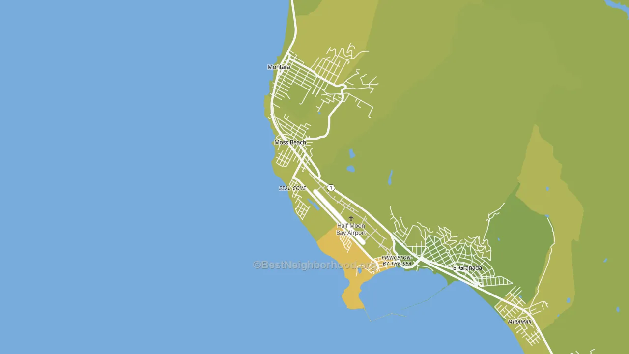 Map of the best neighborhoods in the Moss Beach area, with better matches in green and worse matches in red