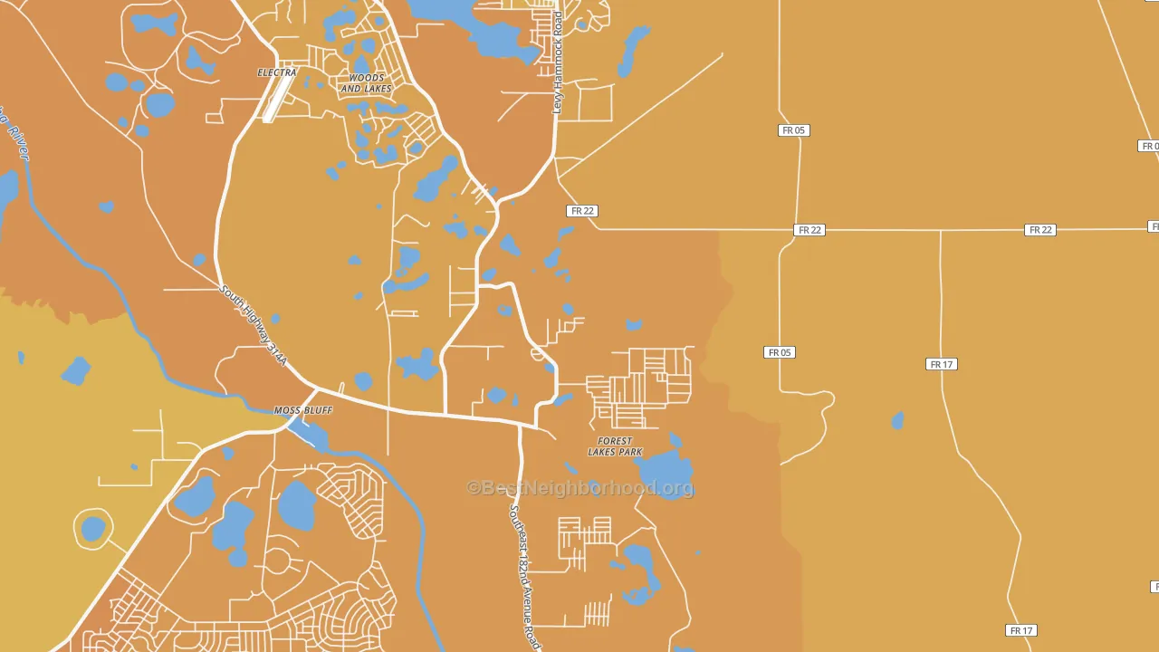 Map of the best neighborhoods in the Moss Bluff area, with better matches in green and worse matches in red