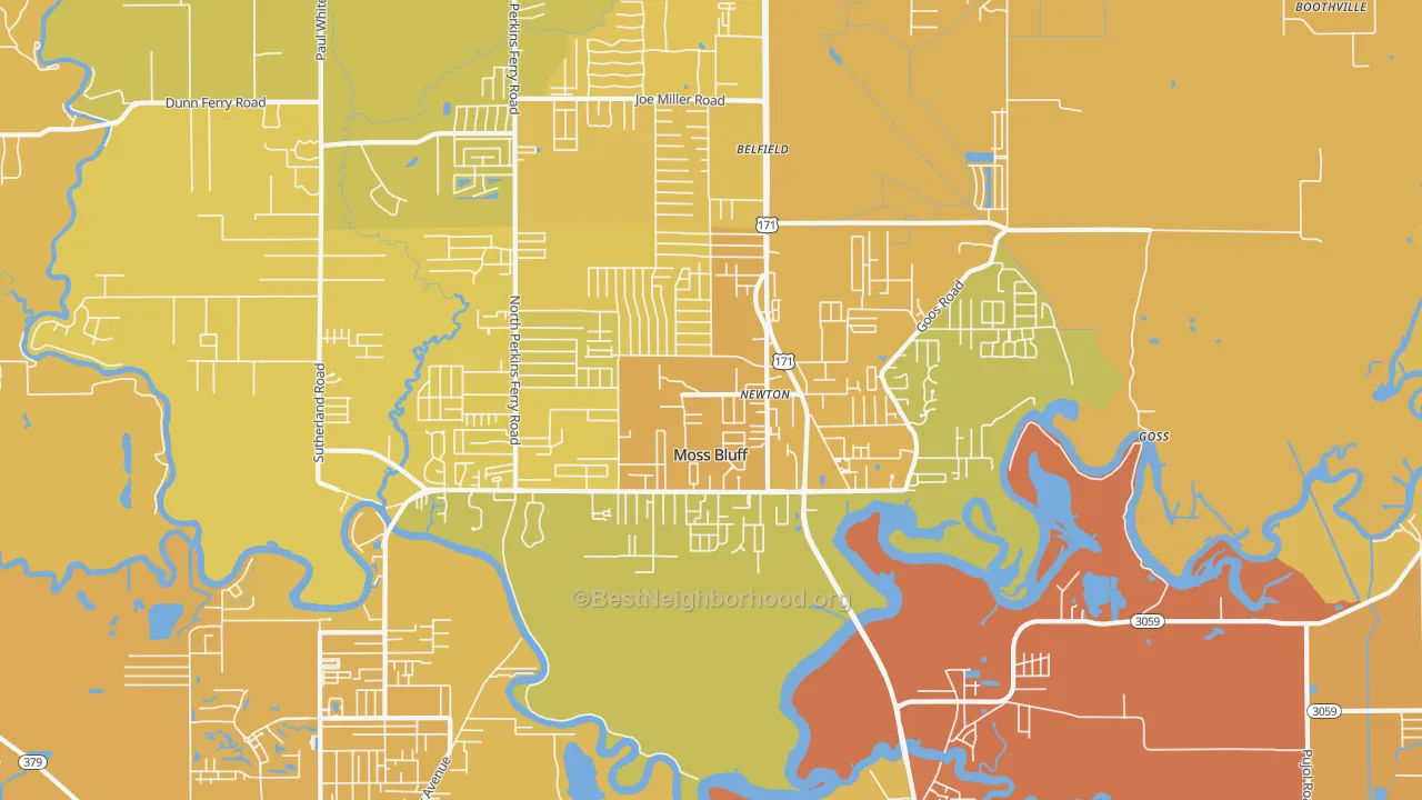 Map of the best neighborhoods in the Moss Bluff area, with better matches in green and worse matches in red