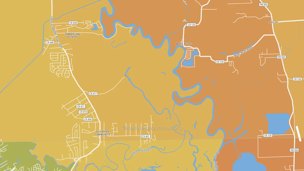 Map of the best neighborhoods in the Moss Bluff area, with better matches in green and worse matches in red