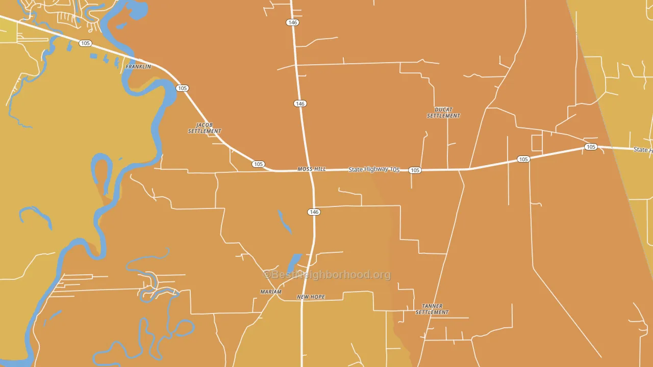 Map of the best neighborhoods in the Moss Hill area, with better matches in green and worse matches in red