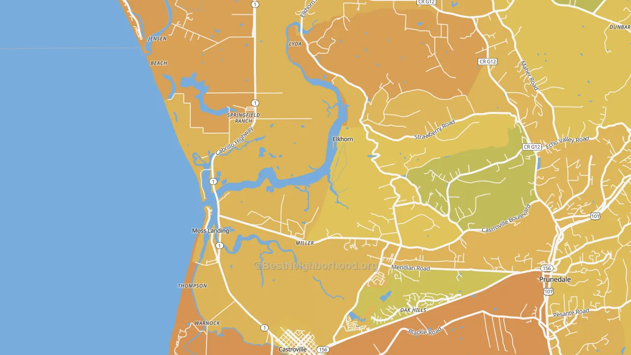 Map of the best neighborhoods in the Moss Landing area, with better matches in green and worse matches in red