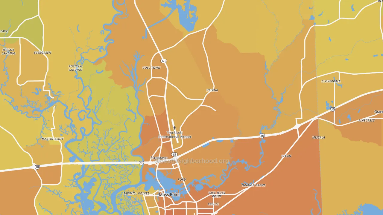 Map of the best neighborhoods in the Moss Point area, with better matches in green and worse matches in red
