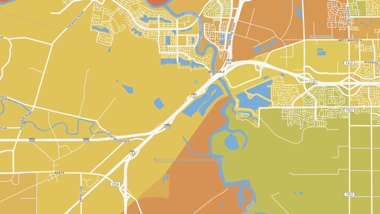 Map of the best neighborhoods in the Mossdale area, with better matches in green and worse matches in red