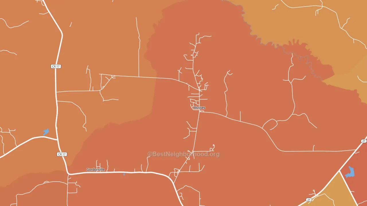 Map of the best neighborhoods in the Mosses area, with better matches in green and worse matches in red