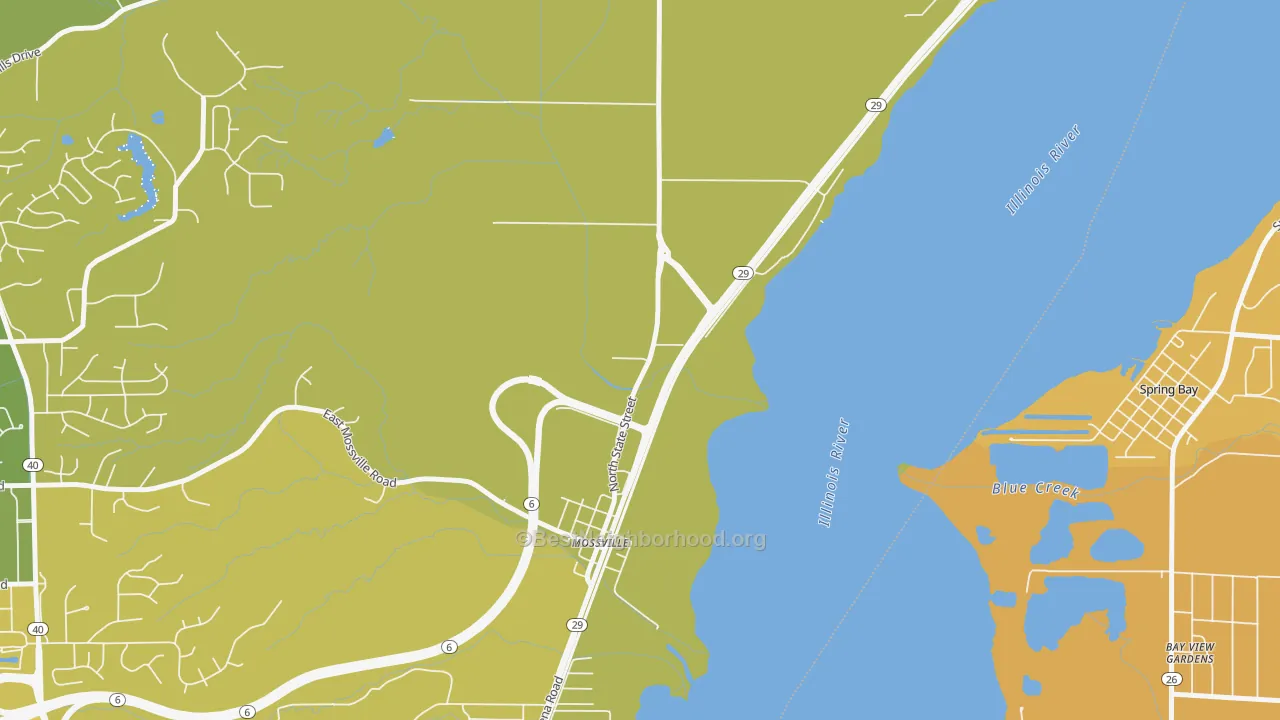 Map of the best neighborhoods in the Mossville area, with better matches in green and worse matches in red