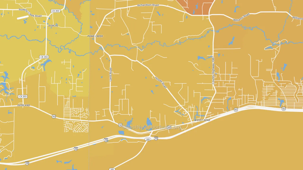 Map of the best neighborhoods in the Mossy Head area, with better matches in green and worse matches in red