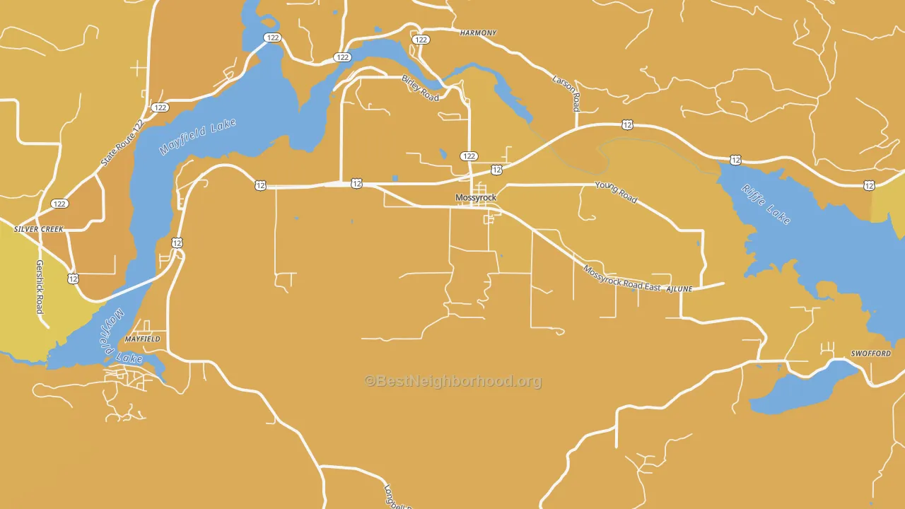 Map of the best neighborhoods in the Mossyrock area, with better matches in green and worse matches in red