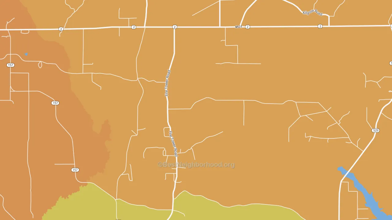 Map of the best neighborhoods in the Mot area, with better matches in green and worse matches in red
