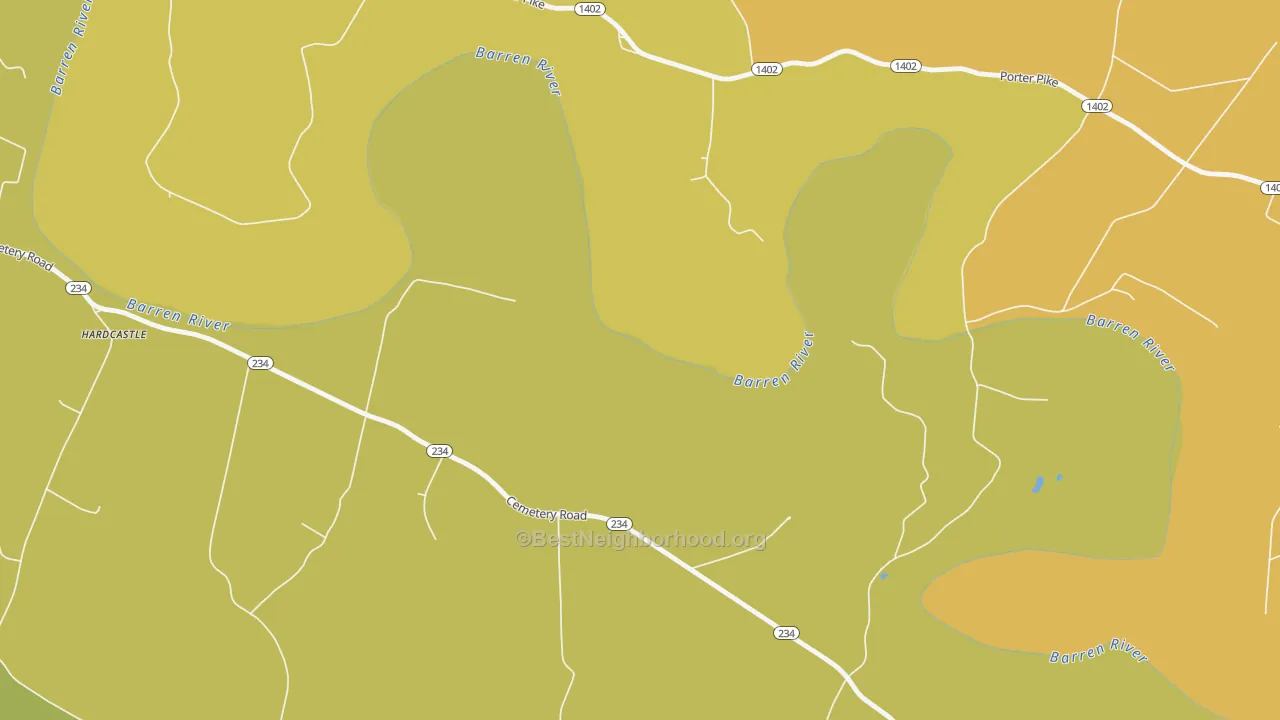 Map of the best neighborhoods in the Motley area, with better matches in green and worse matches in red