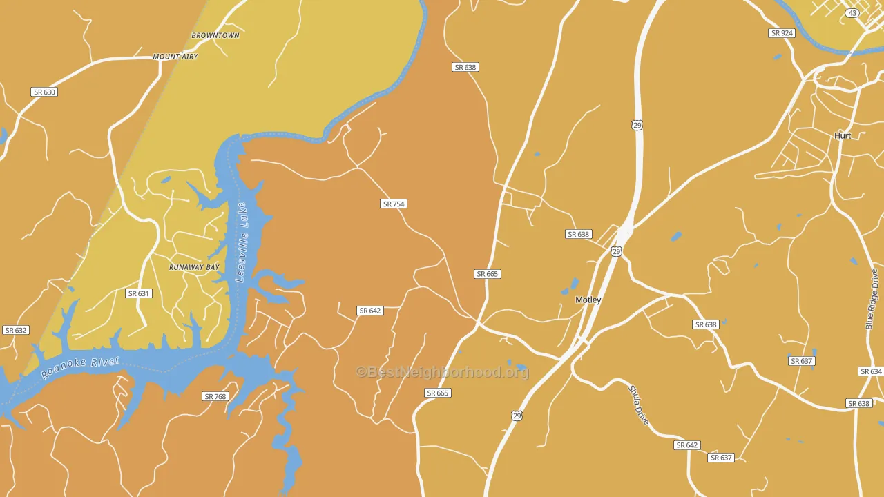 Map of the best neighborhoods in the Motley area, with better matches in green and worse matches in red