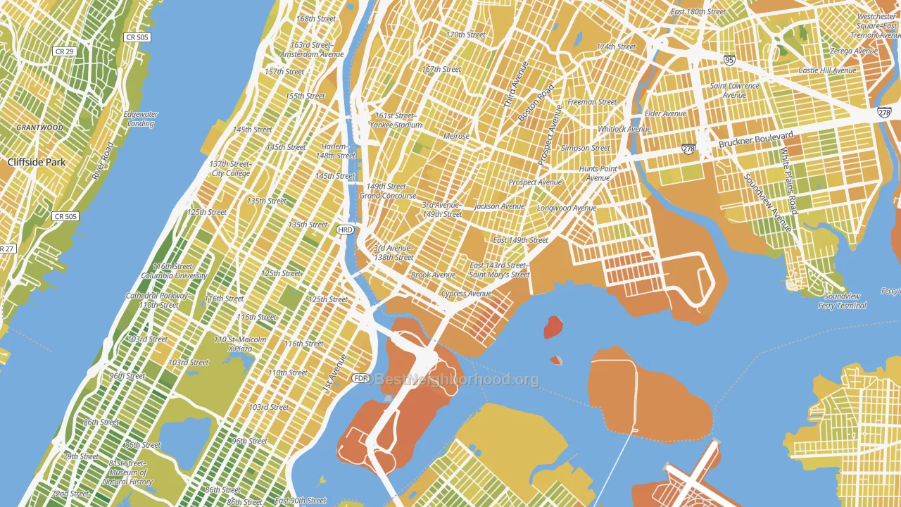 Map of the best neighborhoods in the Mott Haven, Bronx area, with better matches in green and worse matches in red