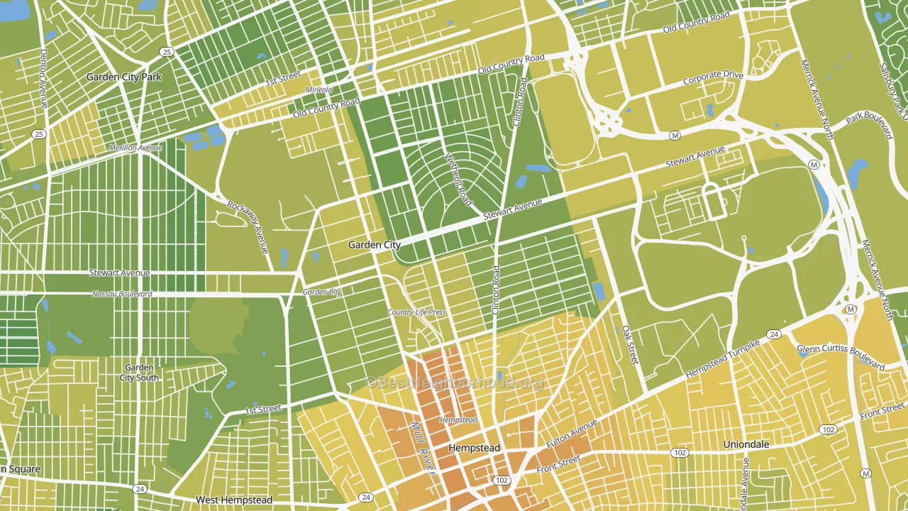 Map of the best neighborhoods in the Mott Section, Garden City area, with better matches in green and worse matches in red