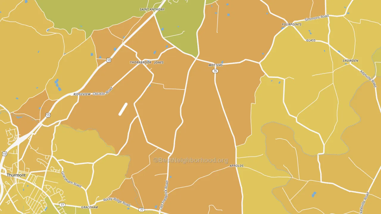 Map of the best neighborhoods in the Motters area, with better matches in green and worse matches in red