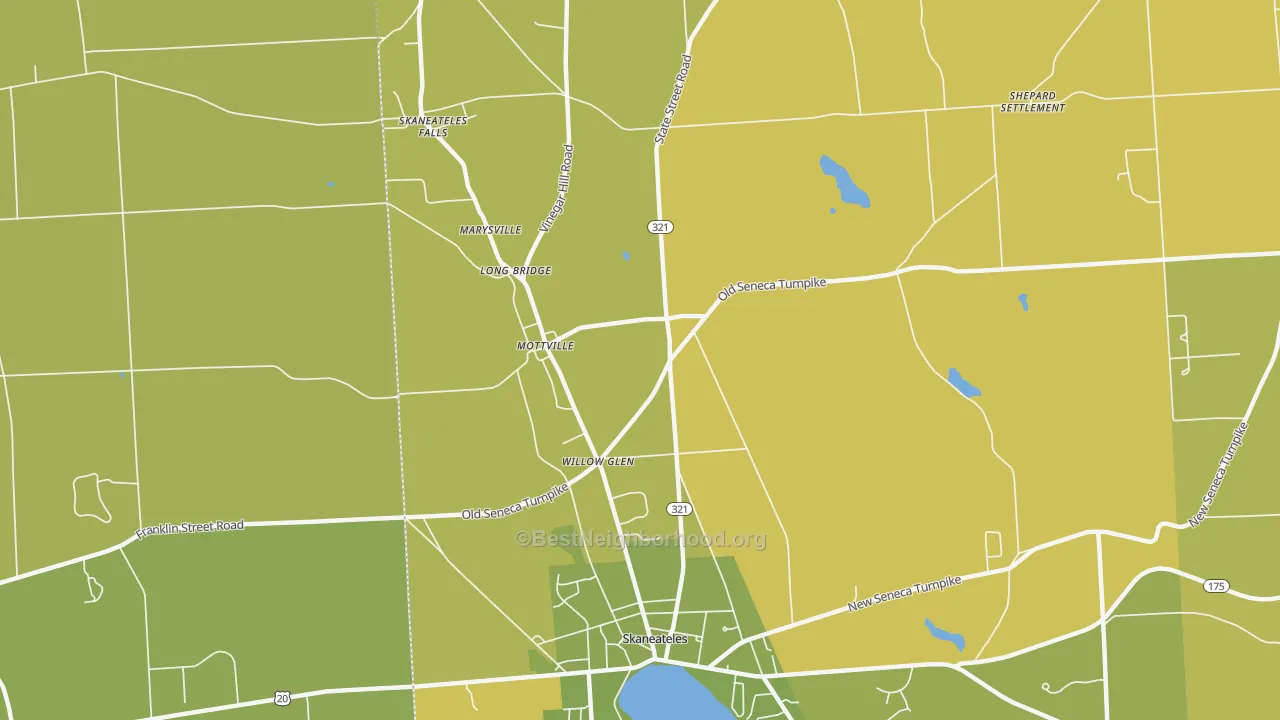 Map of the best neighborhoods in the Mottville area, with better matches in green and worse matches in red