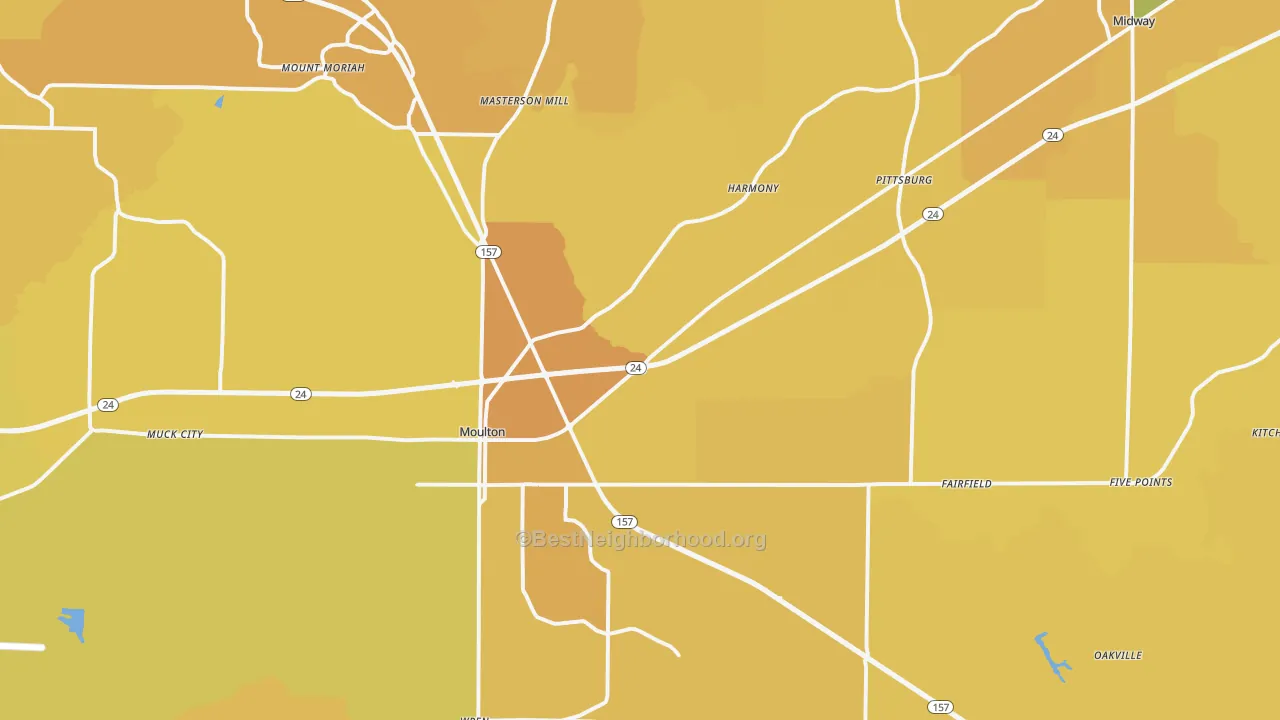 Map of the best neighborhoods in the Moulton area, with better matches in green and worse matches in red