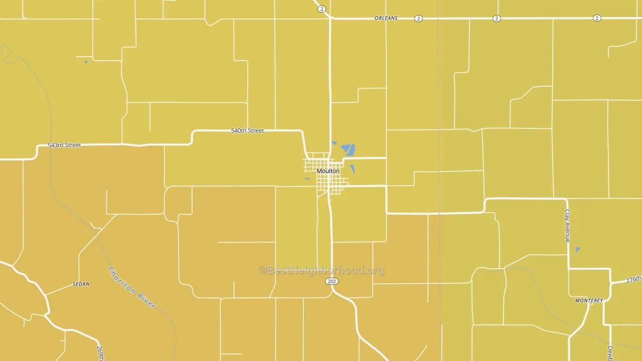 Map of the best neighborhoods in the Moulton area, with better matches in green and worse matches in red