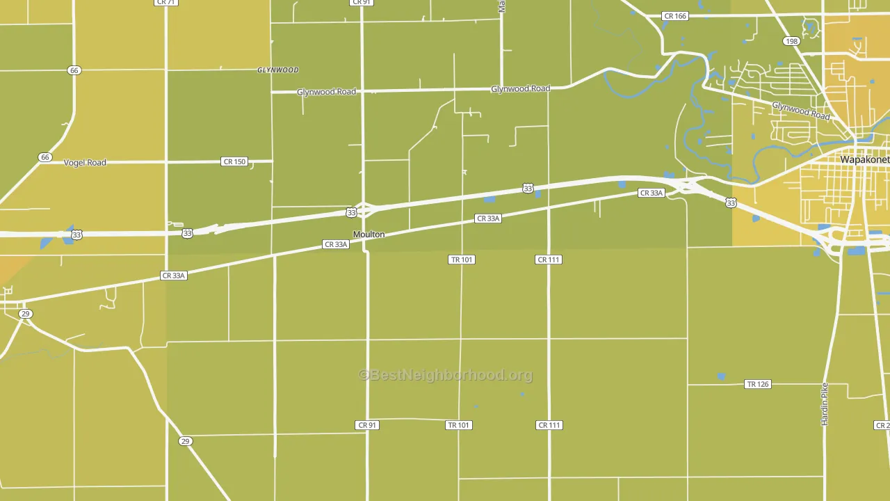 Map of the best neighborhoods in the Moulton area, with better matches in green and worse matches in red