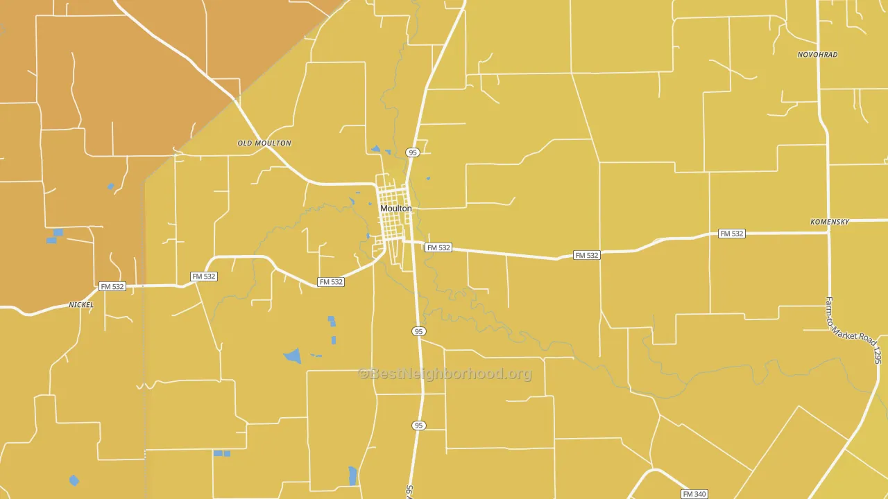 Map of the best neighborhoods in the Moulton area, with better matches in green and worse matches in red