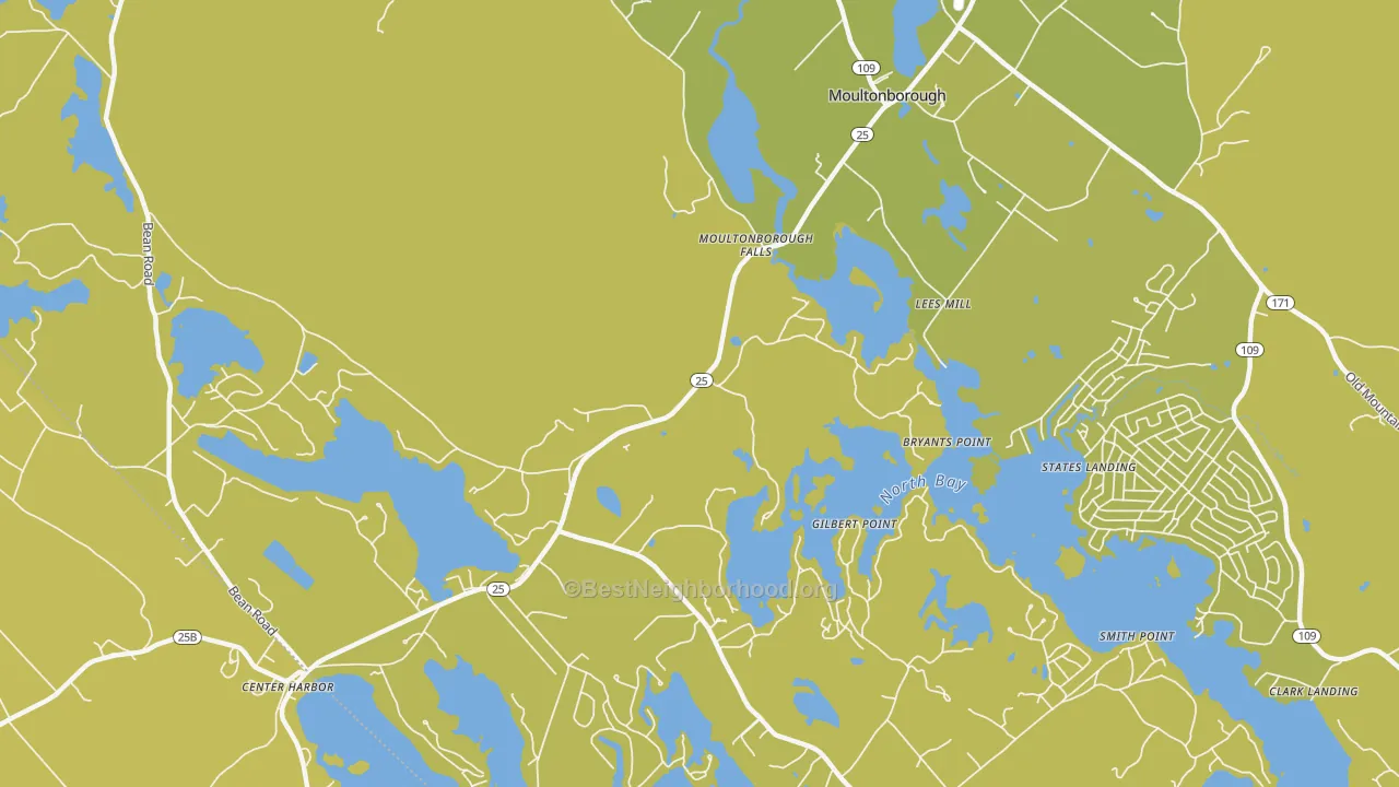 Map of the best neighborhoods in the Moultonborough Falls area, with better matches in green and worse matches in red