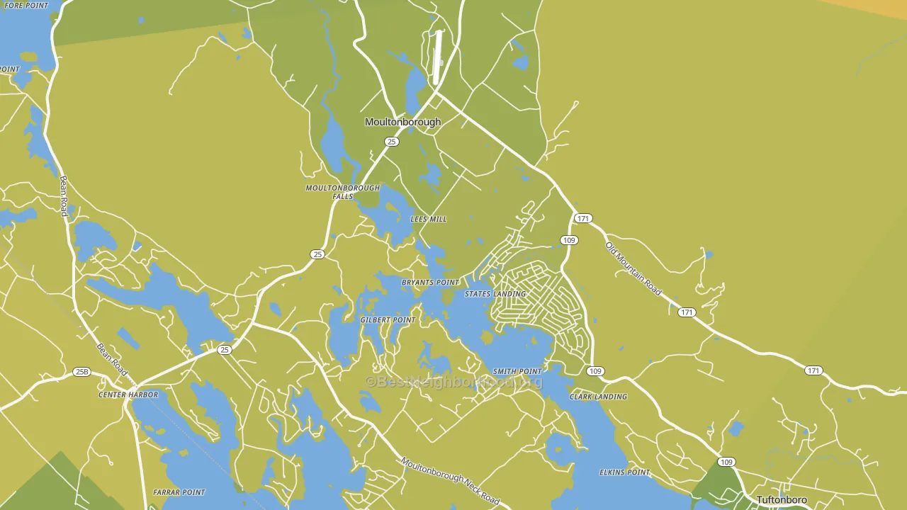 Map of the best neighborhoods in the Moultonborough area, with better matches in green and worse matches in red
