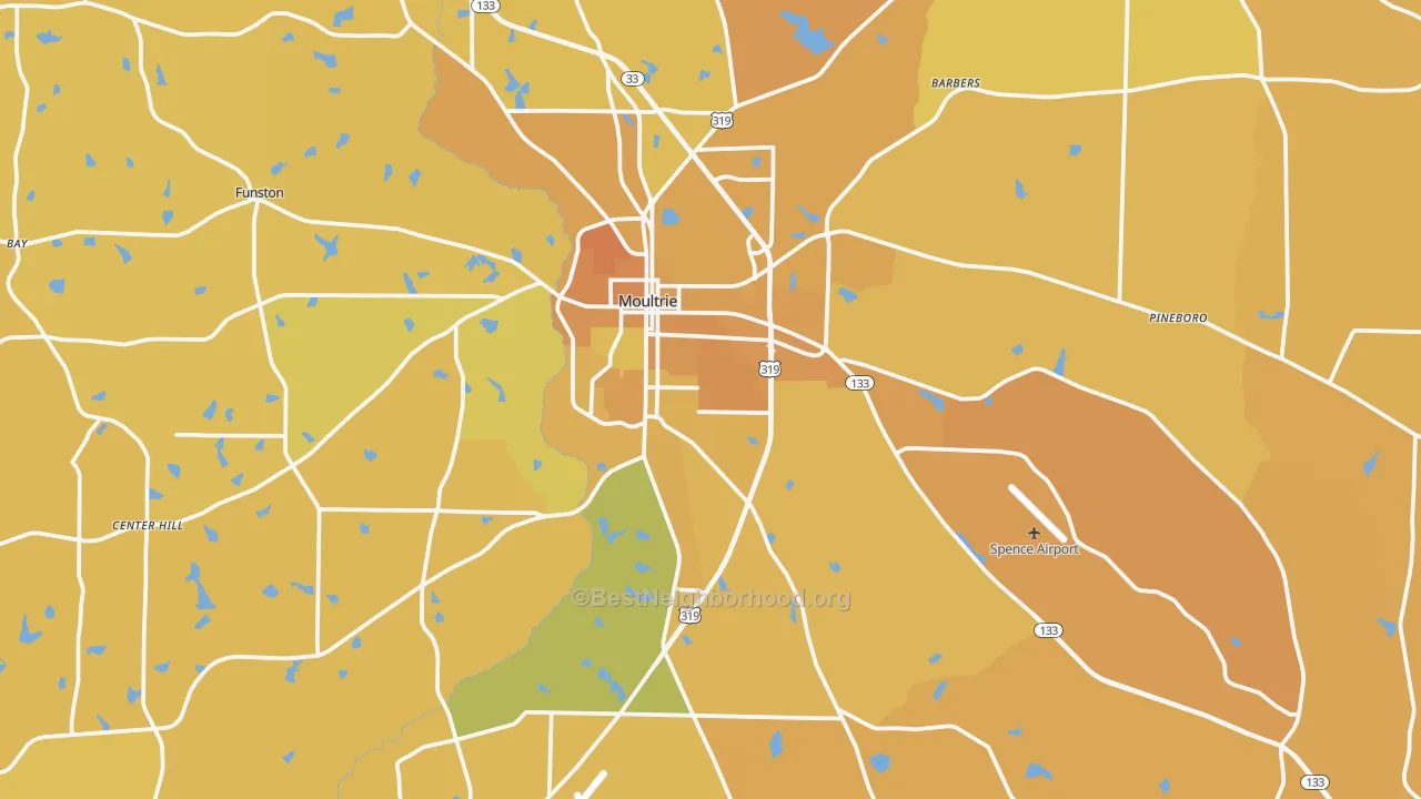 Map of the best neighborhoods in the Moultrie area, with better matches in green and worse matches in red