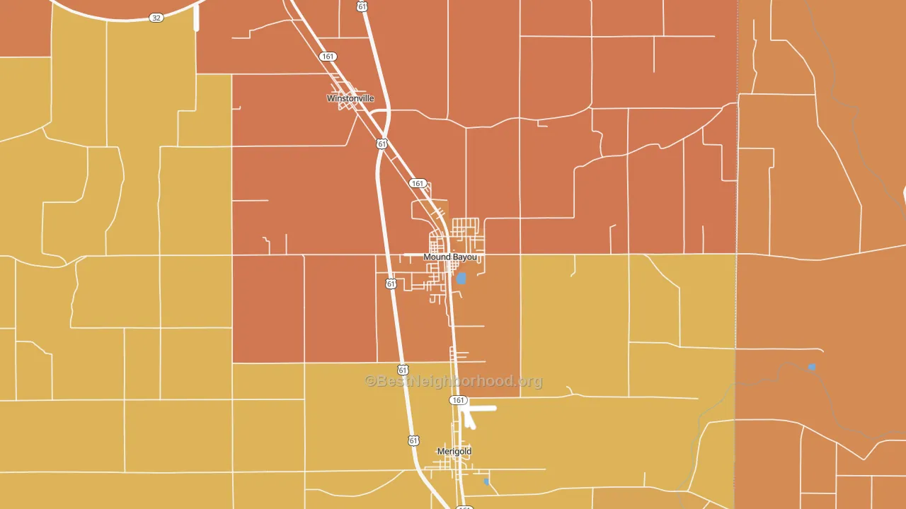 Map of the best neighborhoods in the Mound Bayou area, with better matches in green and worse matches in red