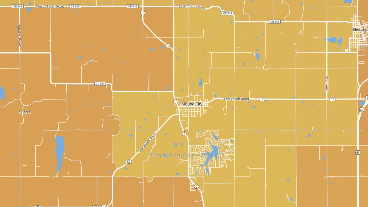 Map of the best neighborhoods in the Mound City area, with better matches in green and worse matches in red