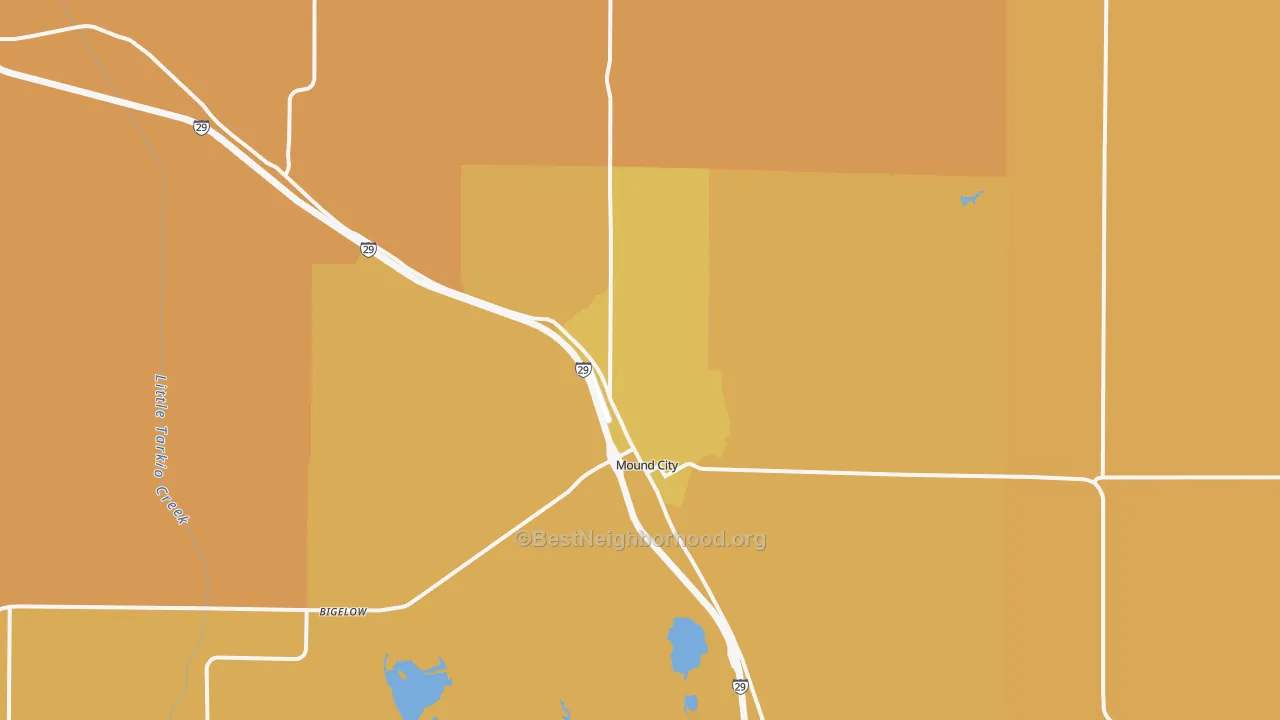 Map of the best neighborhoods in the Mound City area, with better matches in green and worse matches in red
