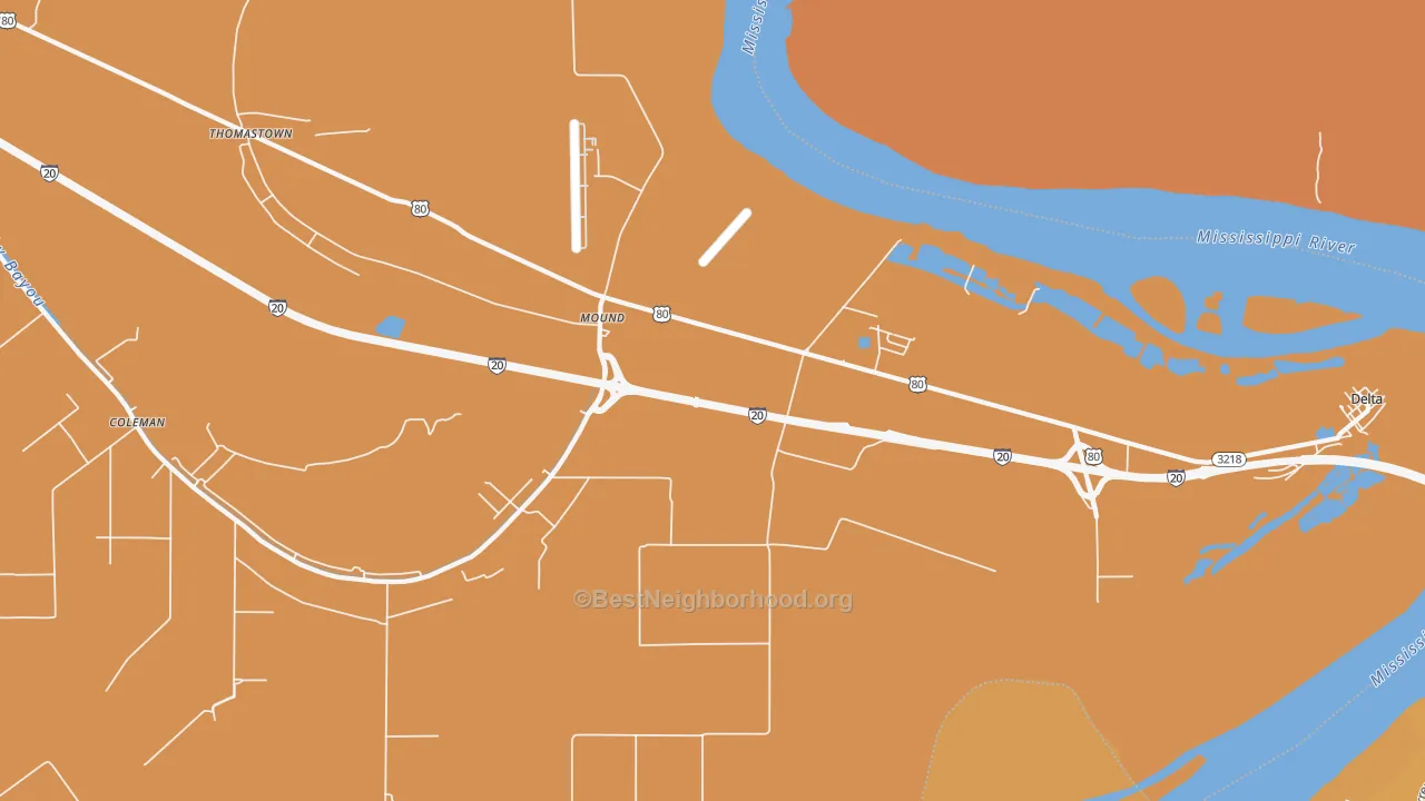 Map of the best neighborhoods in the Mound area, with better matches in green and worse matches in red