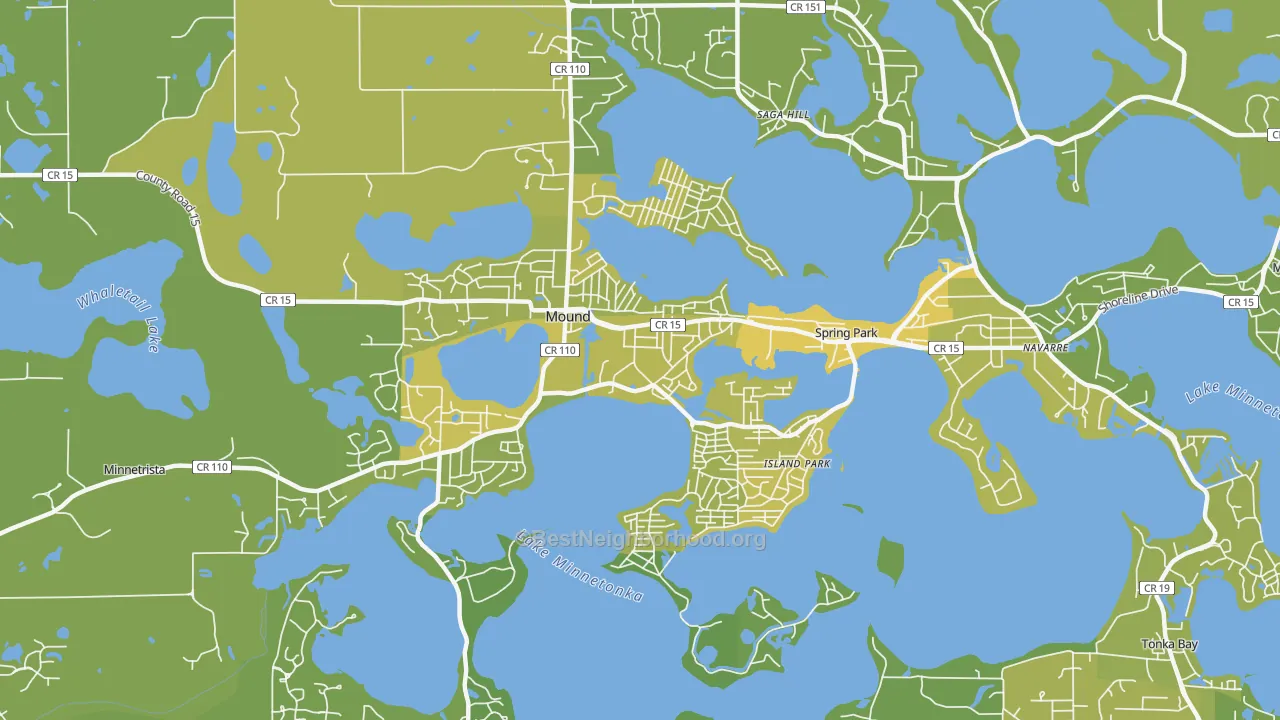 Map of the best neighborhoods in the Mound area, with better matches in green and worse matches in red