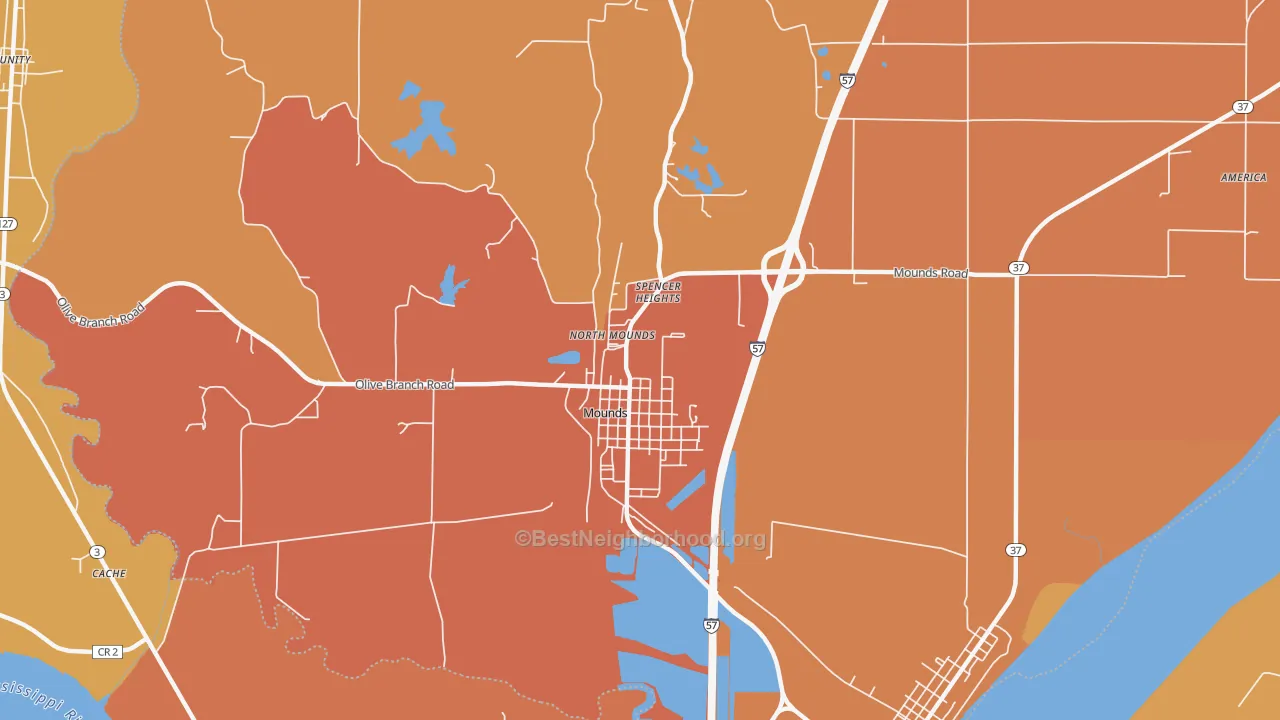 Map of the best neighborhoods in the Mounds area, with better matches in green and worse matches in red